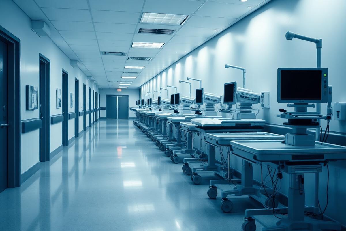 Hospital corridor with medical equipment staged on transport carts
