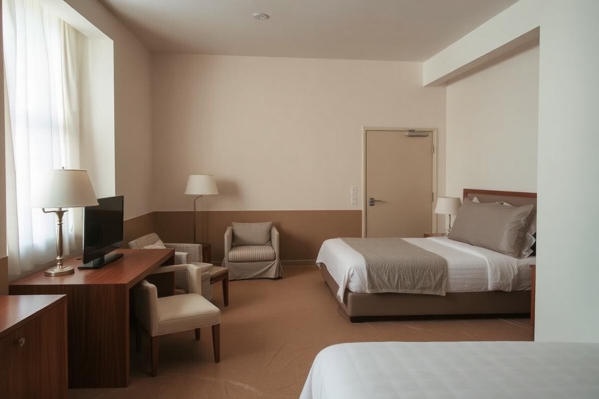 Hotel guest room with furniture and fixtures staged during a renovation
