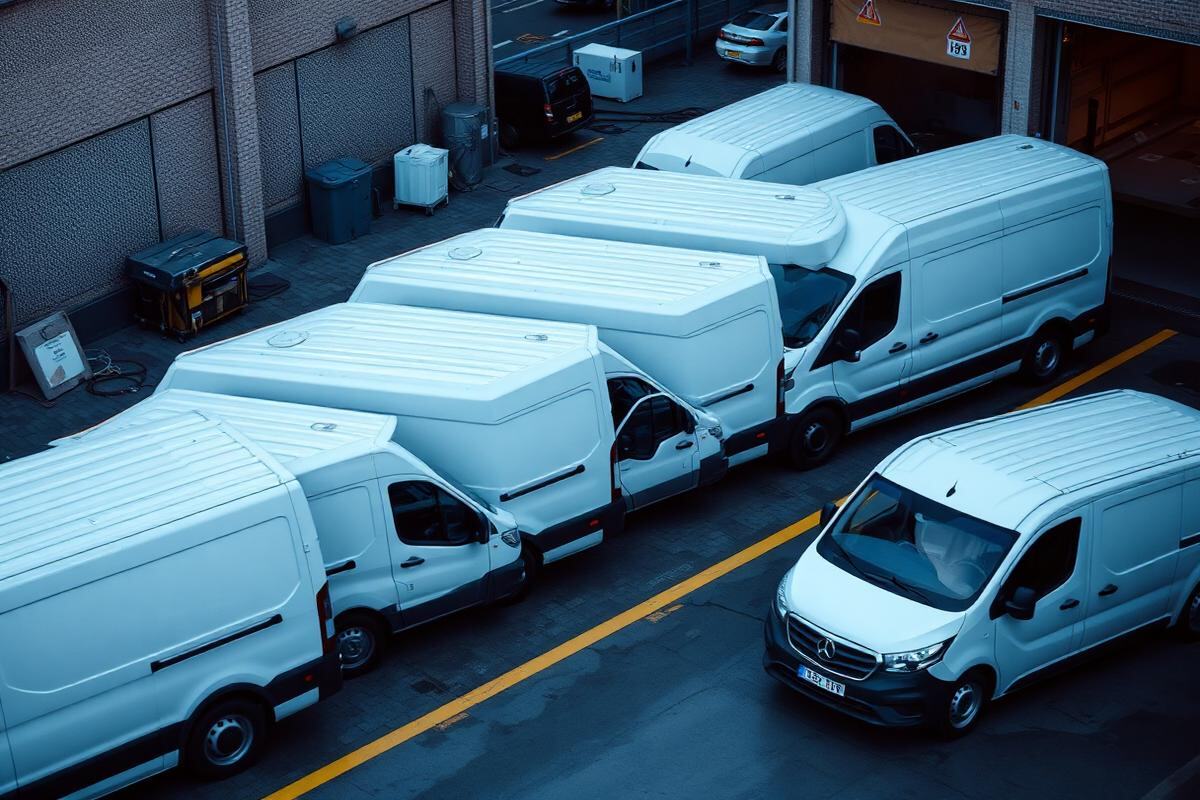 Fleet of delivery vans staged at a logistics loading dock at dawn