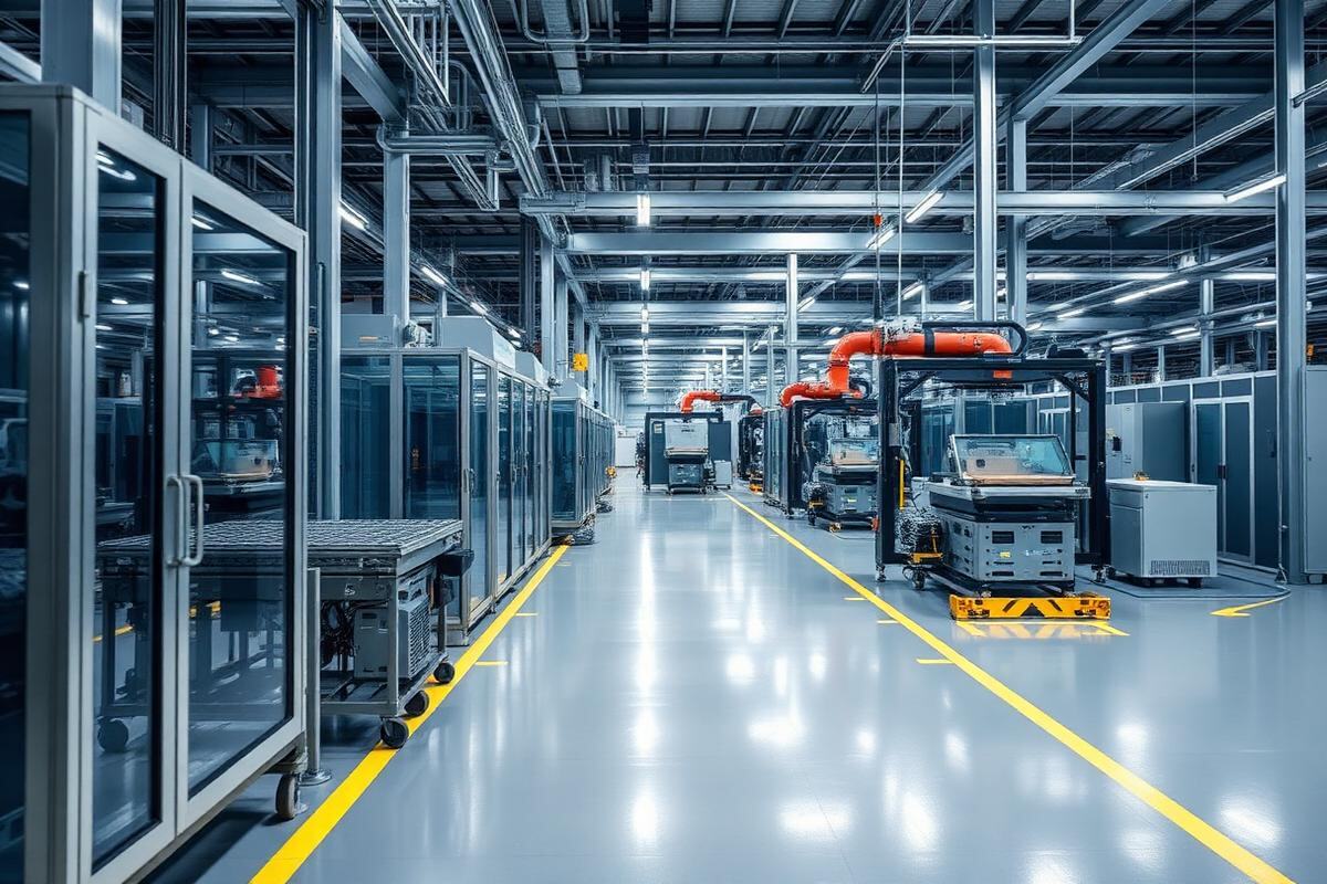 Modern manufacturing plant floor with automated material handling equipment