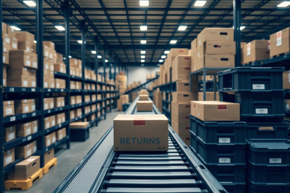 Returns processing conveyor and stacked totes inside an e-commerce fulfillment center